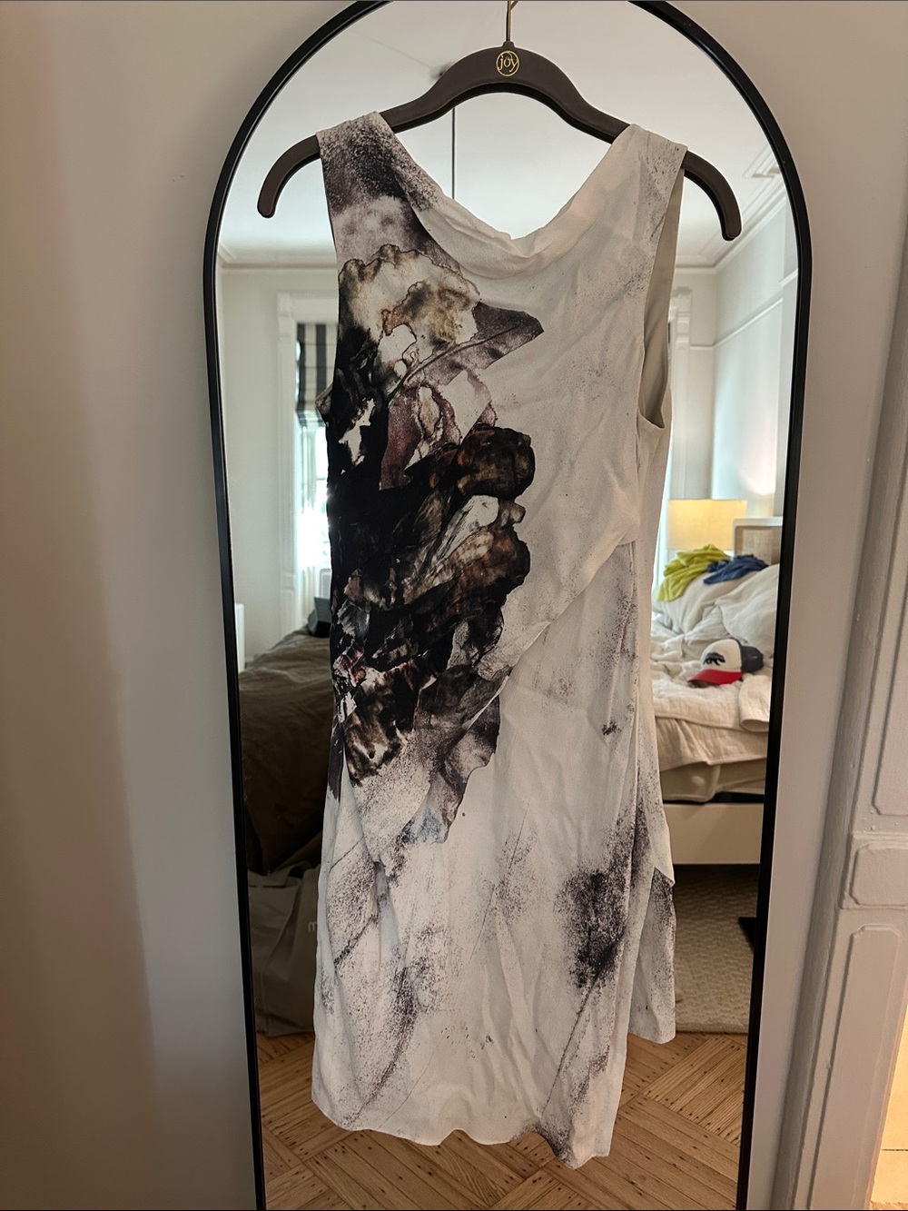 Helmut Lang White Sleeveless Midi Dress with Black Abstract Print
